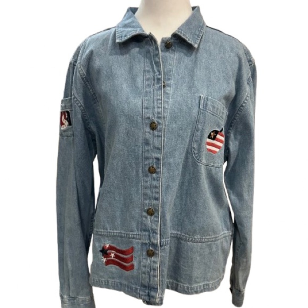 Y2K Christopher & Banks Americana Denim Top Embroidered Patriotic Jacket Size L